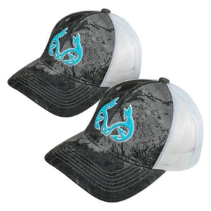 Two black and white trucker hats with camouflage patterns and a blue antler logo on the front.