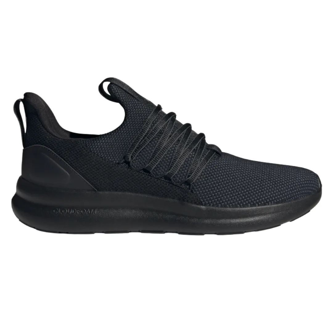 Black athletic shoe featuring a knit upper, pull tabs on the heel and tongue, with a cushioned Cloudfoam sole.