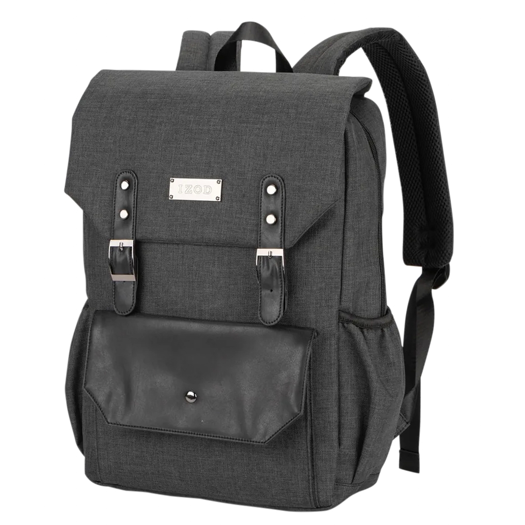 A dark gray backpack with black leather accents, featuring a front flap with dual buckle straps, a front pocket with a button closure, and padded shoulder straps.