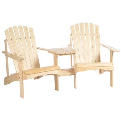A natural wood 2-Person Adirondack chair features two connected seats with a small table in the middle, traditional slatted backrests, and wide armrests. It's designed for outdoor comfort and relaxation.