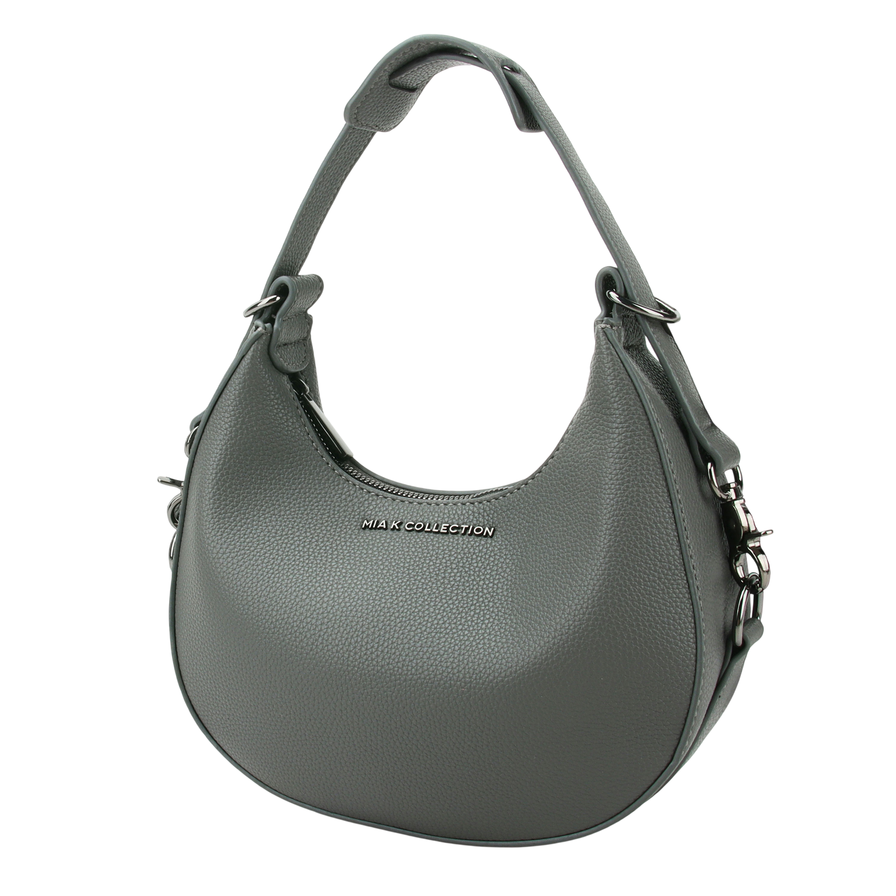 Gray Mia K Collection handbag with pebbled texture, featuring a top handle and side clasps.