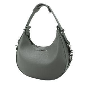 Gray Mia K Collection handbag with pebbled texture, featuring a top handle and side clasps.