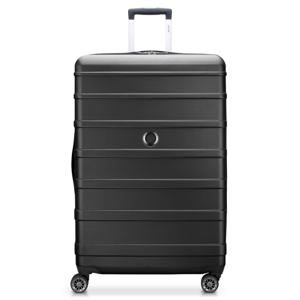 A black hardshell suitcase with four spinner wheels and a telescopic handle, featuring horizontal grooves and a circular logo near the center.