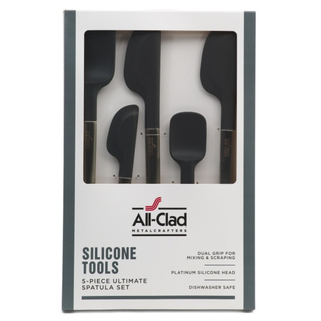 All-Clad Silicone Tools 5-Piece Ultimate Spatula Set includes dual grip spatulas with platinum silicone heads, suitable for mixing and scraping. Dishwasher safe.
