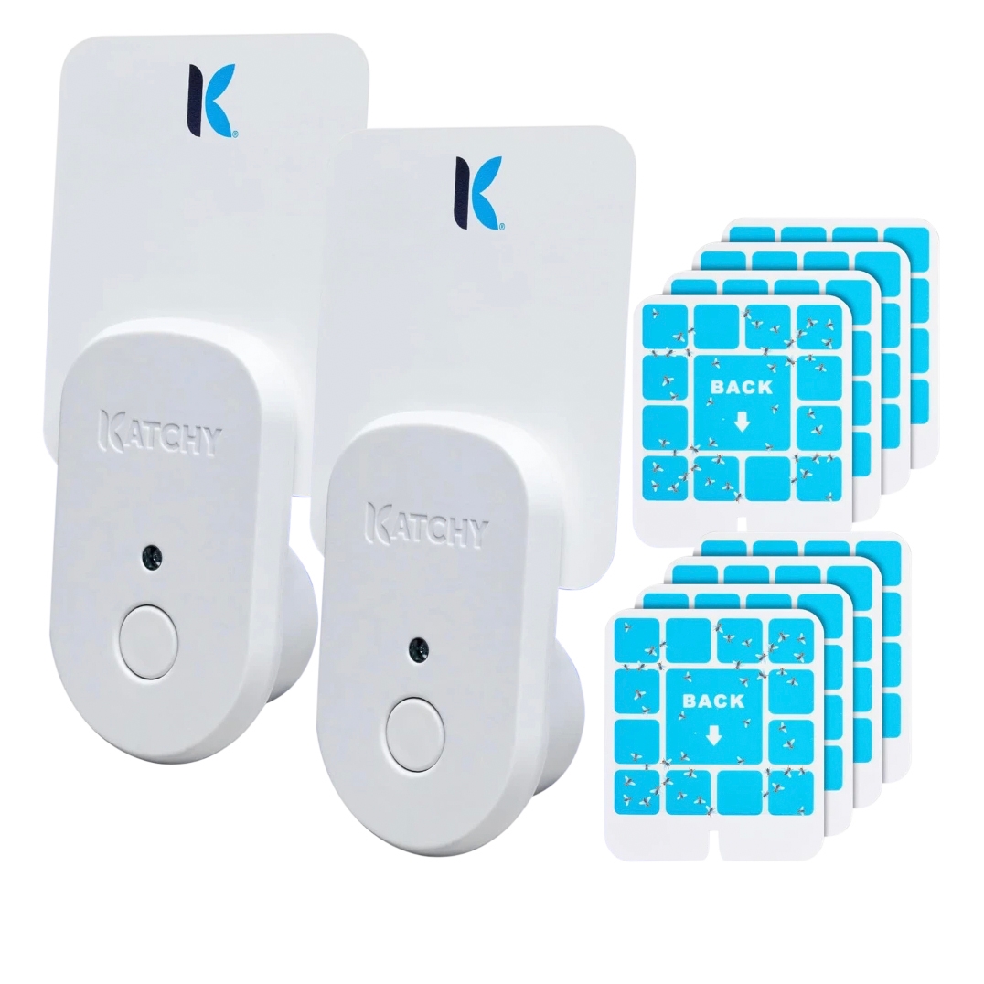 The 2pk Katchy Indoor Insect Traps are white devices designed to attract and capture insects using adhesive pads. The set includes two traps and multiple sticky pads, aiming to control indoor insect presence.