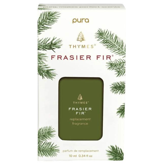 Thymes Frasier Fir replacement fragrance by Pura, 10 ml (0.34 fl oz), features a pine tree design on the packaging.