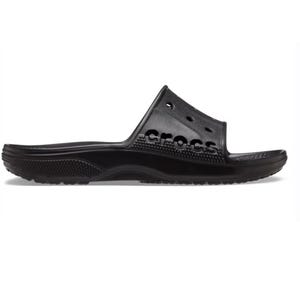 Black Crocs slide sandal with holes and the \“crocs\“ logo on the strap.