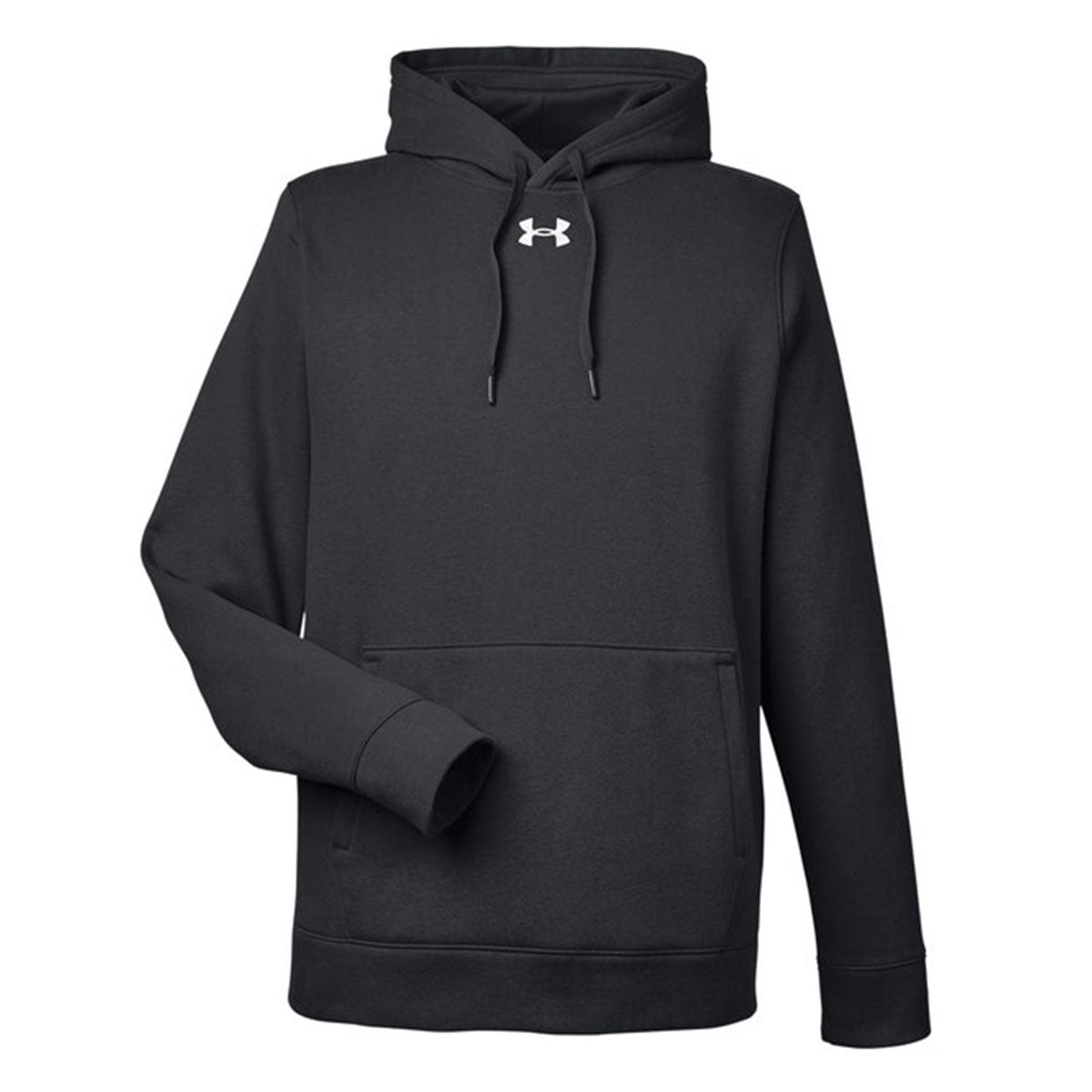 A black Under Armour Hustle Hoodie with a front-facing design featuring a kangaroo pocket and a white Under Armour logo on the chest. It has a drawstring hood and long sleeves.