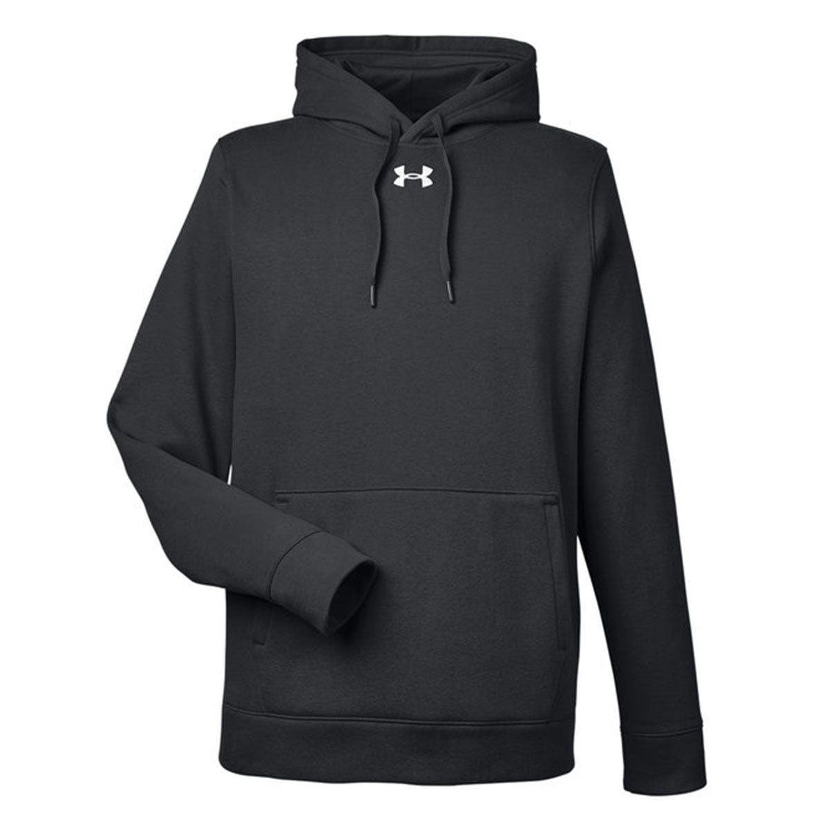 A black Under Armour Hustle Hoodie with a front-facing design featuring a kangaroo pocket and a white Under Armour logo on the chest. It has a drawstring hood and long sleeves.