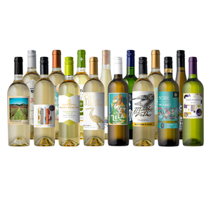 A diverse selection of thirteen white wines with various labels and bottle designs, showcasing a mix of styles and origins.