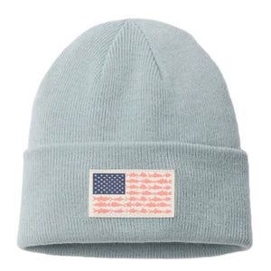A light gray knit beanie featuring a patch designed like an American flag, with fish shapes where the stripes would be.