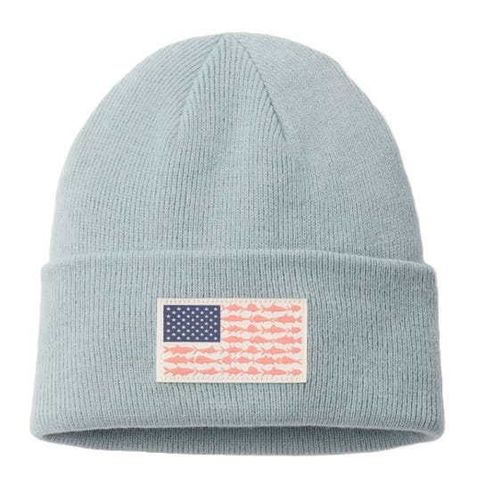 A light gray knit beanie featuring a patch designed like an American flag, with fish shapes where the stripes would be.