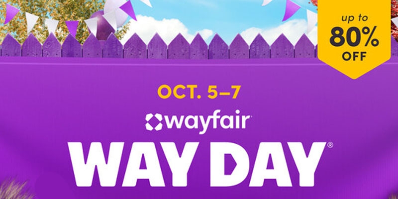 a purple fence graphic with white text advertising the Way Day sale