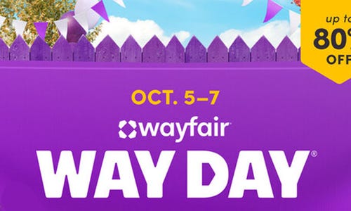 a purple fence graphic with white text advertising the Way Day sale