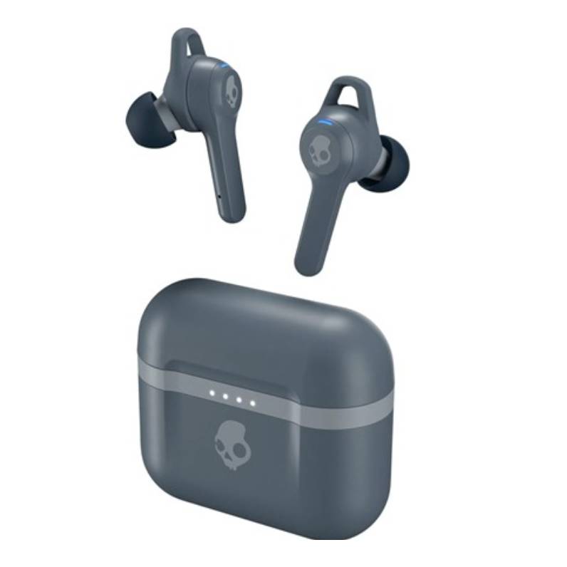 Skullcandy wireless earbuds with a sleek design feature elongated stems and come in a matte dark gray color. The set includes a matching charging case with a Skull logo and four LED indicators showing battery status.