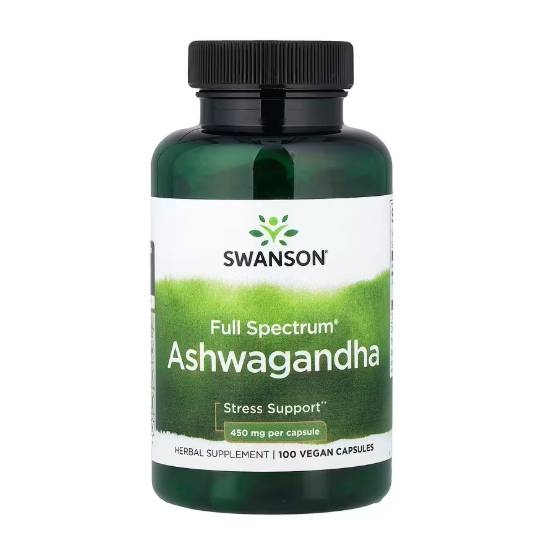 Swanson Full Spectrum Ashwagandha, 450 mg per capsule, provides stress support with 100 vegan capsules.