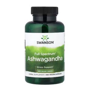 Swanson Full Spectrum Ashwagandha, 450 mg per capsule, provides stress support with 100 vegan capsules.