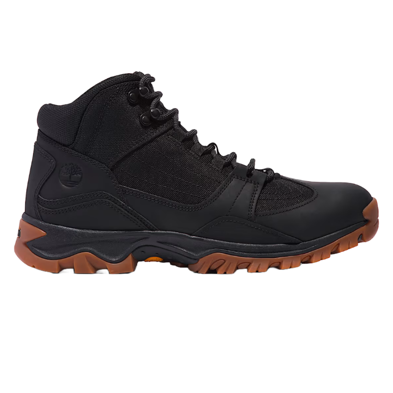 Black hiking boot with a mid-cut design, featuring a rugged brown outsole, padded ankle, and lace-up closure. The side displays a subtle Timberland logo. Ideal for outdoor activities.