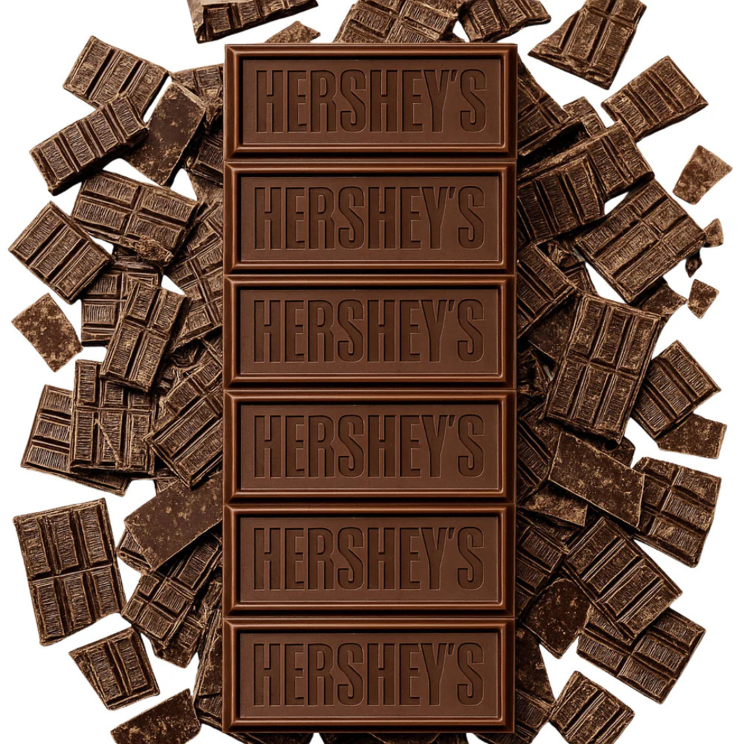 Hershey's chocolate bars are displayed alongside scattered pieces of broken chocolate.
