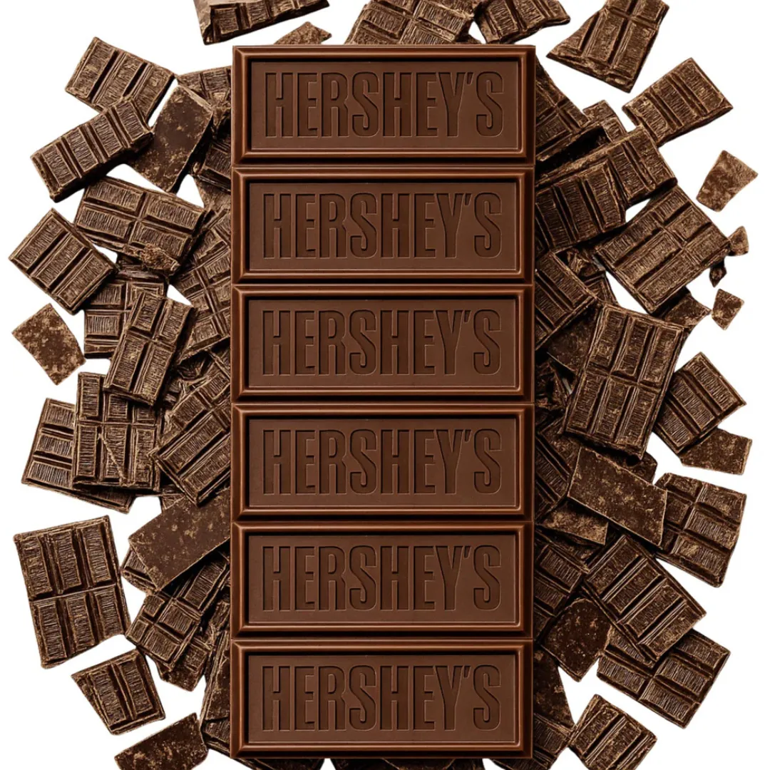 Hershey's chocolate bars are displayed alongside scattered pieces of broken chocolate.