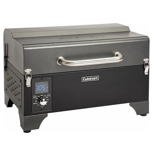 The Cuisinart Wood Pellet Grill and Smoker is a compact, tabletop grill with a digital control panel, a stainless-steel handle, and secure latches on the sides. It's designed for outdoor cooking with wood pellet fuel.