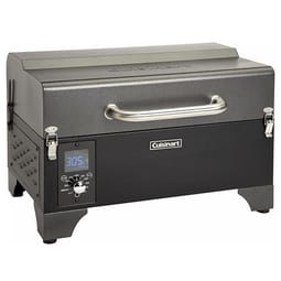 The Cuisinart Wood Pellet Grill and Smoker is a compact, tabletop grill with a digital control panel, a stainless-steel handle, and secure latches on the sides. It's designed for outdoor cooking with wood pellet fuel.