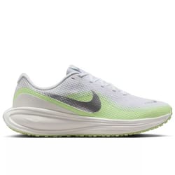 A white and lime green Nike running shoe featuring a mesh upper, lace closure, and a prominent Nike swoosh logo.