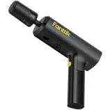 Cordless electric screwdriver by Fanttik with a sleek black design, featuring a yellow button and an adjustable head marked with various torque settings.