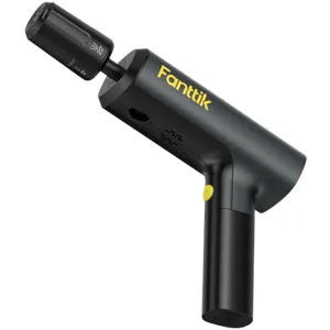 Cordless electric screwdriver by Fanttik with a sleek black design, featuring a yellow button and an adjustable head marked with various torque settings.