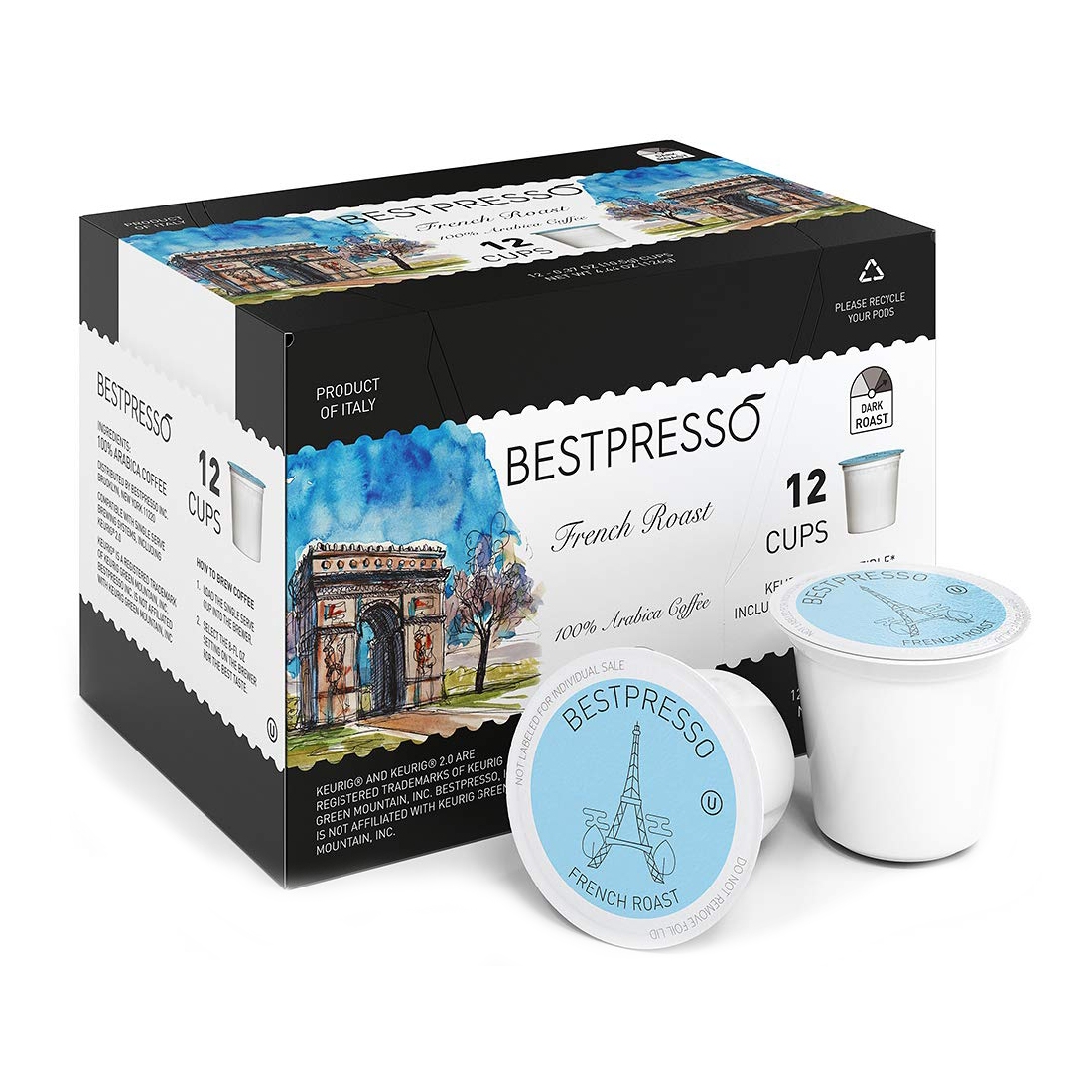 A box of Bestpresso French Roast coffee pods, featuring 12 single-serve cups of 100% Arabica, dark roast coffee. The packaging highlights a drawing and emphasizes its Italian origin and compatibility with Keurig machines.