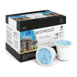 A box of Bestpresso French Roast coffee pods, featuring 12 single-serve cups of 100% Arabica, dark roast coffee. The packaging highlights a drawing and emphasizes its Italian origin and compatibility with Keurig machines.