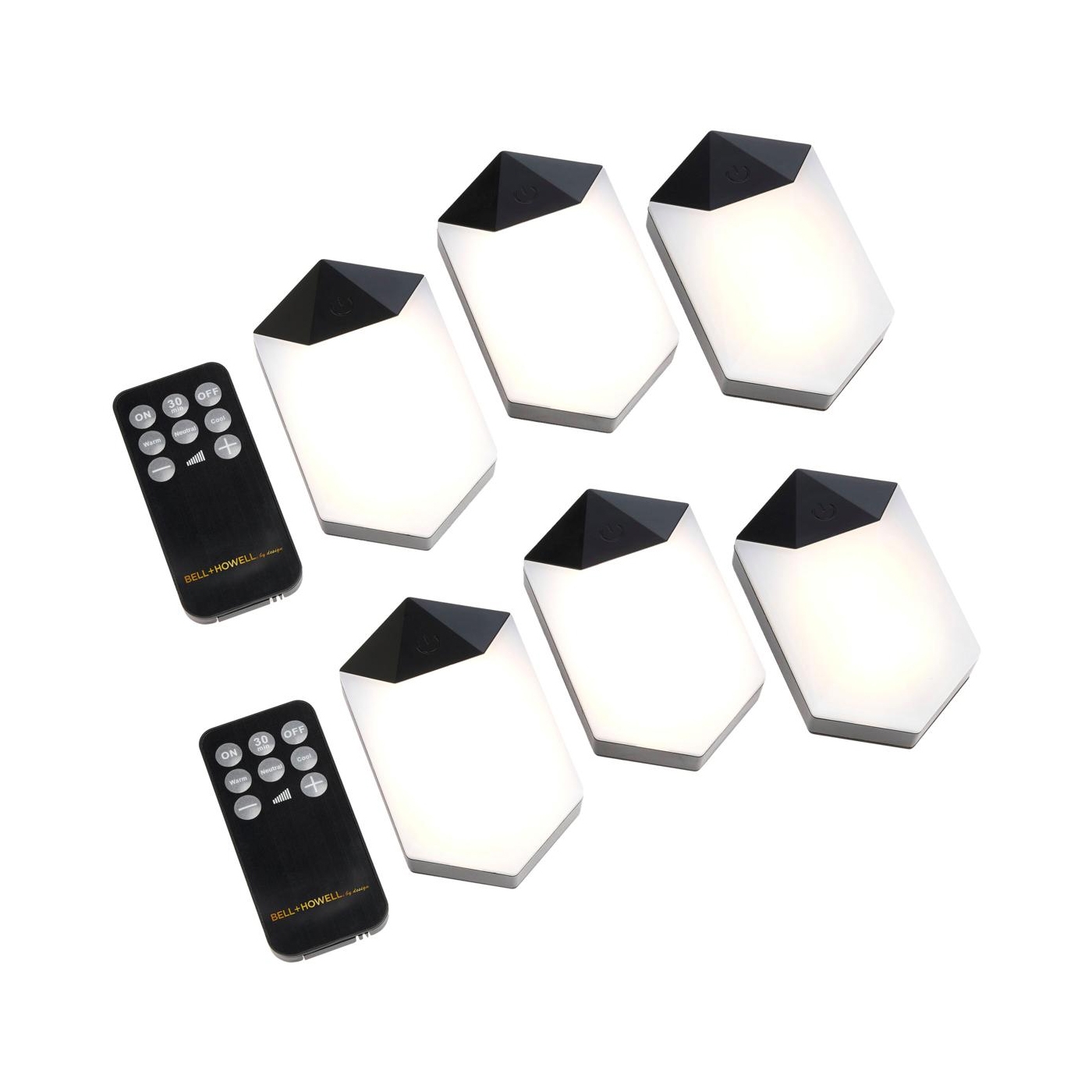 The 6pk Touch Wall Lights set includes six hexagonal wall lights with a touch on/off feature and two remote controls for adjustable brightness and timer settings. The lights have a sleek design with black accents.