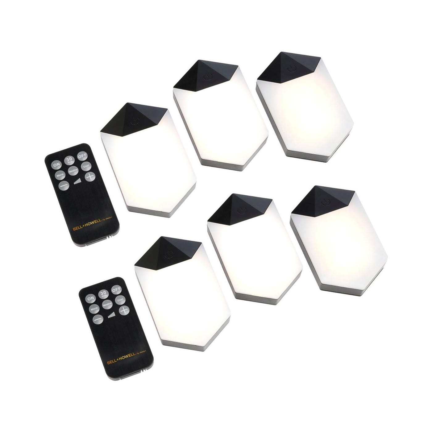 The 6pk Touch Wall Lights set includes six hexagonal wall lights with a touch on/off feature and two remote controls for adjustable brightness and timer settings. The lights have a sleek design with black accents.