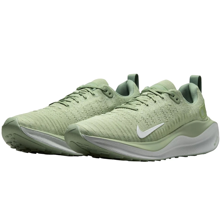 Nike Men's InfinityRN 4 shoes in light green feature a breathable mesh upper, cushioned sole, and lace-up design, with a white Nike swoosh on the side for a stylish, comfortable fit.