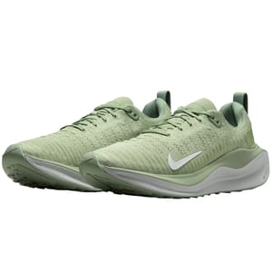 Nike Men's InfinityRN 4 shoes in light green feature a breathable mesh upper, cushioned sole, and lace-up design, with a white Nike swoosh on the side for a stylish, comfortable fit.