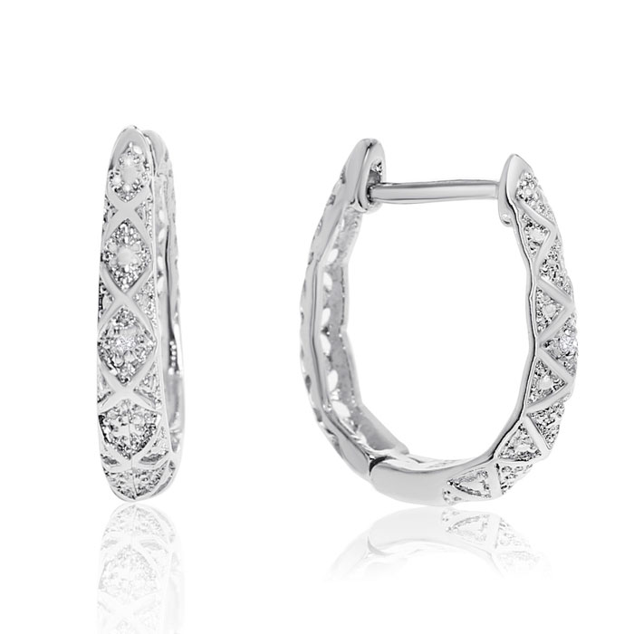 Silver hoop earrings with a textured diamond pattern and small embedded stones, featuring a hinged closure design.