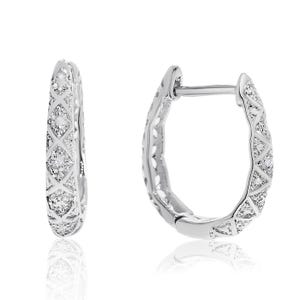 Silver hoop earrings with a textured diamond pattern and small embedded stones, featuring a hinged closure design.