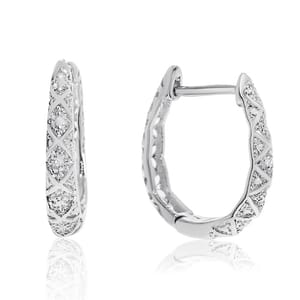 Silver hoop earrings with a textured diamond pattern and small embedded stones, featuring a hinged closure design.