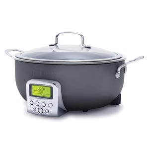 GreenPan Electric Skillet Pot with a sleek gray finish, transparent lid, and stainless steel handles, featuring a digital control panel for temperature and timer settings.