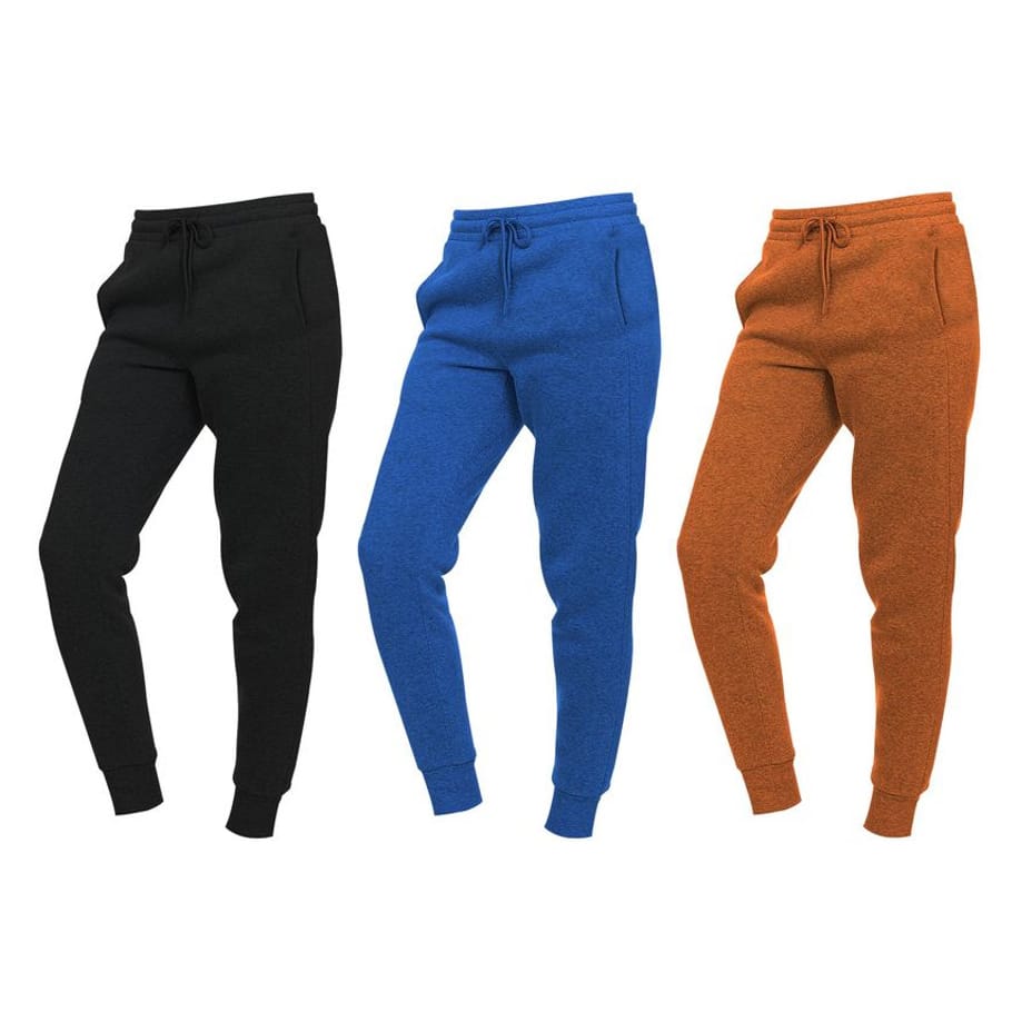 Three pairs of joggers in black, blue, and orange are displayed, featuring an elastic waistband with drawstrings, side pockets, and cuffed ankles.
