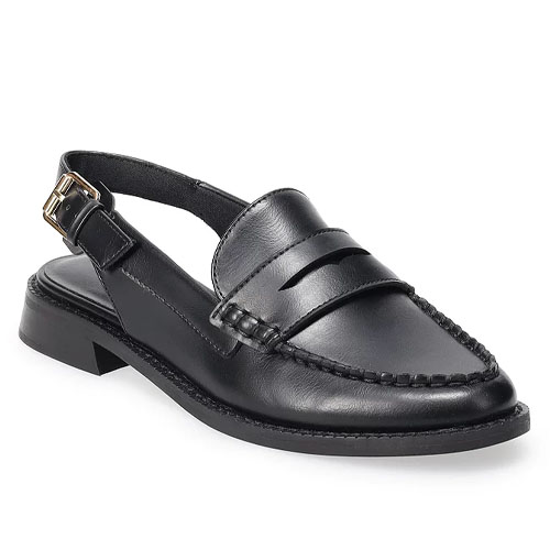 Black leather loafer with a slingback strap and buckle detail, featuring a stitched design and a low heel.