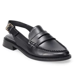 Black leather loafer with a slingback strap and buckle detail, featuring a stitched design and a low heel.