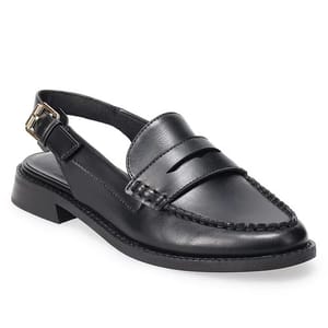 Black leather loafer with a slingback strap and buckle detail, featuring a stitched design and a low heel.