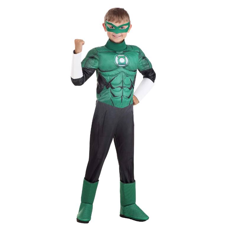A child wearing a Green Lantern superhero costume, complete with a full bodysuit and eye mask.
