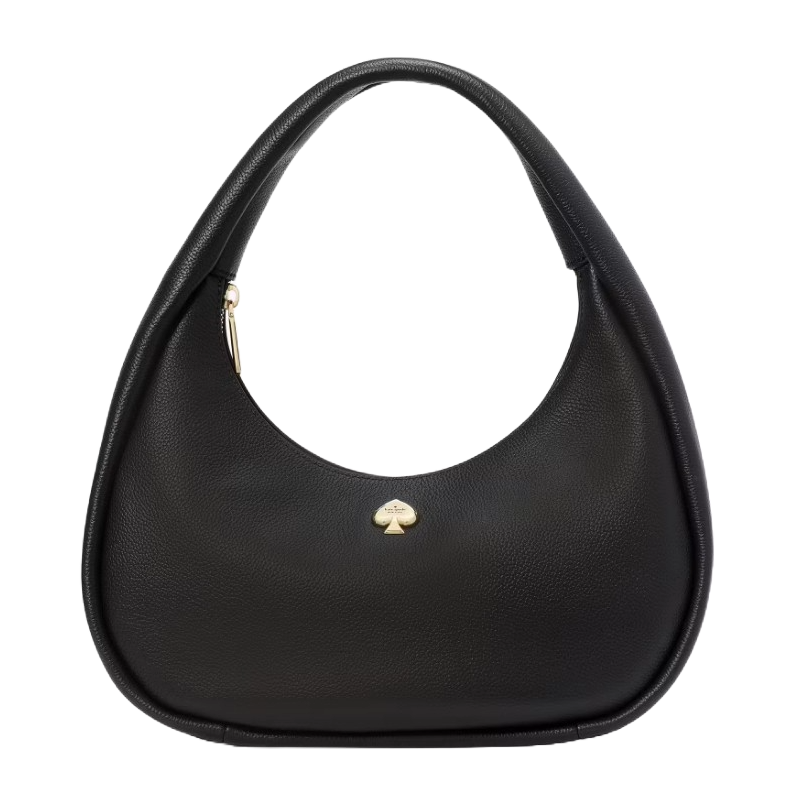 Kate Spade Kayla Crescent Shoulder Bag is a sleek black leather bag with a curved, structured shape and gold spade logo accent. It features a handle that arches over the top for easy carrying.