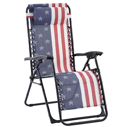 A reclining outdoor lounge chair with an American flag design, featuring stars and stripes on the fabric.