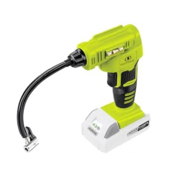 Cordless air inflator with a flexible hose, ergonomic grip, and rechargeable battery for inflating tires and other inflatables.