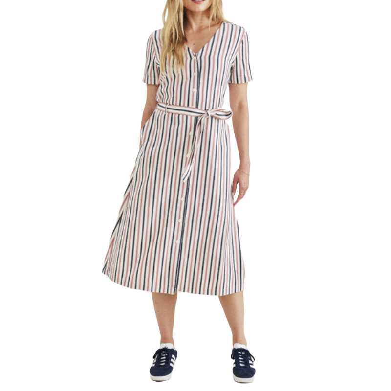 A striped midi dress with short sleeves, a V-neckline, button-down front, and a matching waist tie. It features vertical stripes in various colors and is paired with navy sneakers.