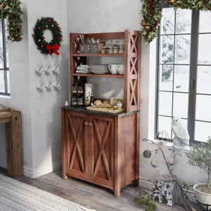 A wooden multi-storage hutch with a rustic design features shelves for dishes and cups, a countertop with condiments and snacks, and a two-door cabinet at the bottom, set in a festive kitchen corner with Christmas decorations.