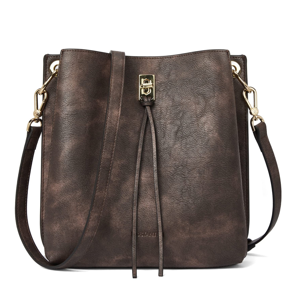 A brown leather shoulder bag with a drawstring closure and gold-tone hardware.
